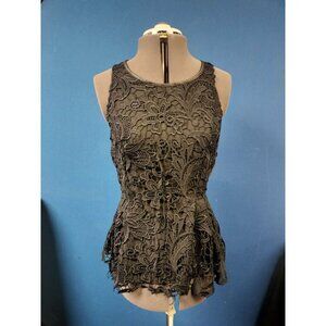 Adrianna Papell Black Lace Peplum Sleeveless Top With Floral Design & Back Cutou